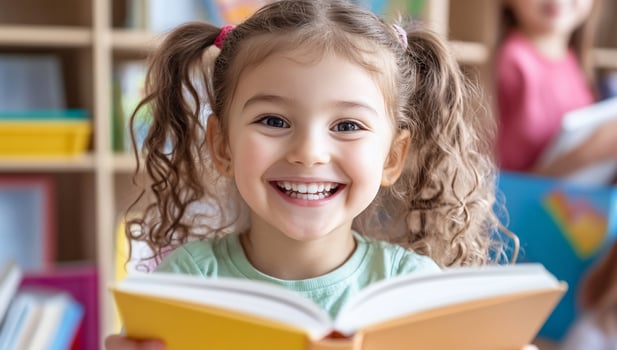Smiling girl reading book in classroom joyful learning experience photo