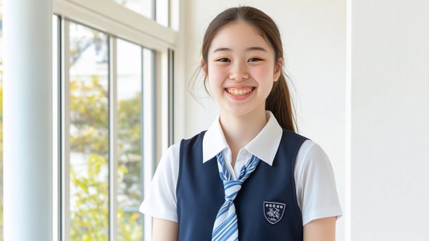 Smiling student in uniform indoor bright natural light education youth photo