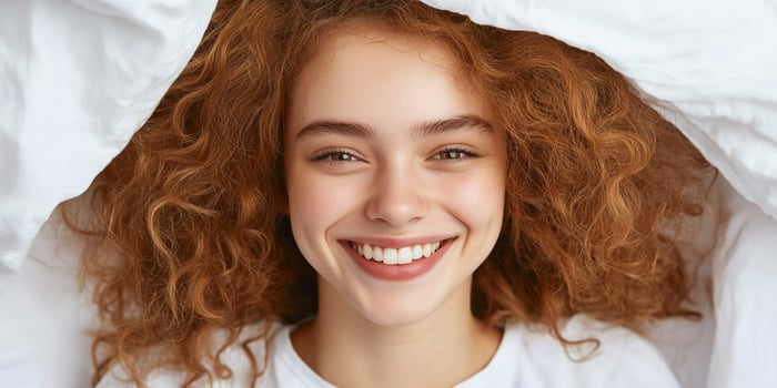 Smiling red haired woman lying relaxing in bed under white sheets photo