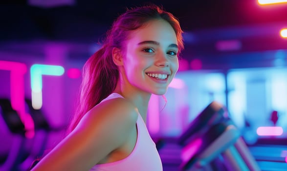 Smiling woman exercising in a neon lit gym fitness and active lifestyle photo