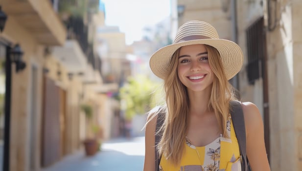 Smiling woman traveler with hat walking on sunny street during summer vacation photo