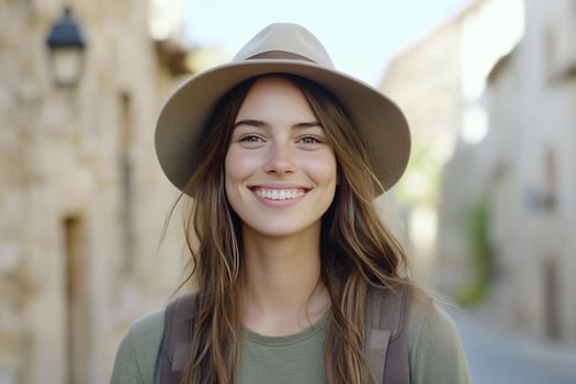 Smiling woman travel tourist adventure with hat and backpack in old town photo