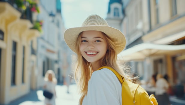 Smiling woman walking in european city street on a sunny day travel concept photo