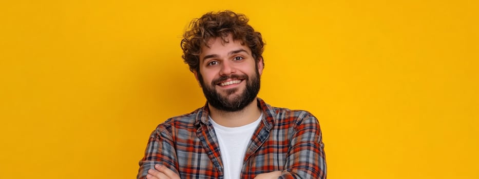 Smiling young adult man in plaid shirt portrait against yellow backdrop photo