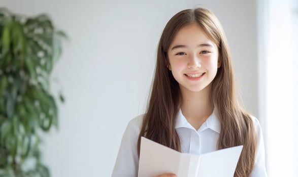 Smiling young female with a book in natural light indoor portrait photo