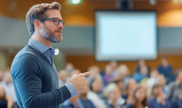 Speaker giving a presentation to audience in hall photo