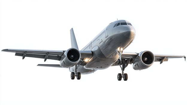 commercial airplane flying isolated on white background photo
