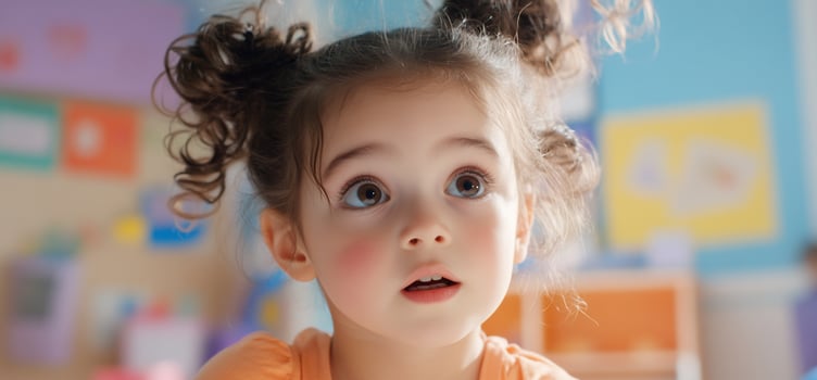 Surprised child with curly hair expressing wonder and curiosity photo