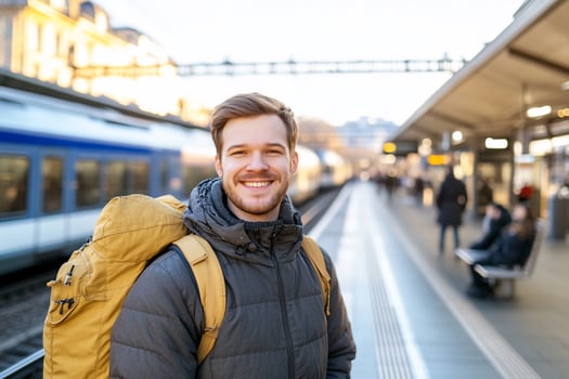 Traveler with backpack awaiting train on sunny railway platform photo
