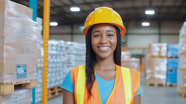 Warehouse worker with hardhat and safety vest confidently standing in distribution center aisle photo