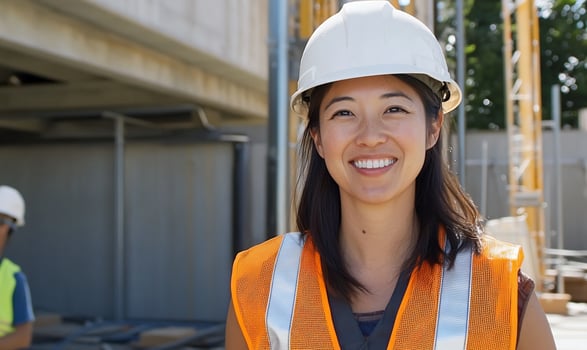 Woman construction worker smiling on site in safety gear photo