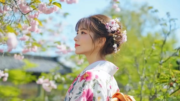 Woman in floral kimono under cherry blossoms outdoor scenic beauty photo