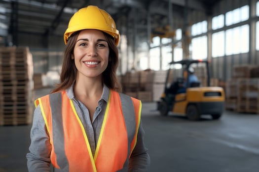 Woman in safety gear at industrial warehouse environment photo