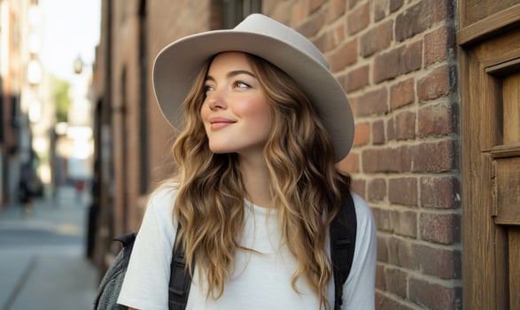 Woman portrait with hat travel and lifestyle brick wall photo