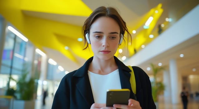 Woman uses smartphone with wireless earbuds in bright modern setting technology connection communication photo