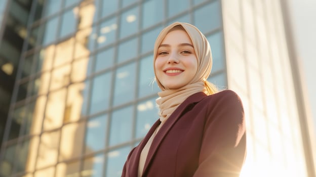 Woman wearing a head covering smiling outdoors with building background photo