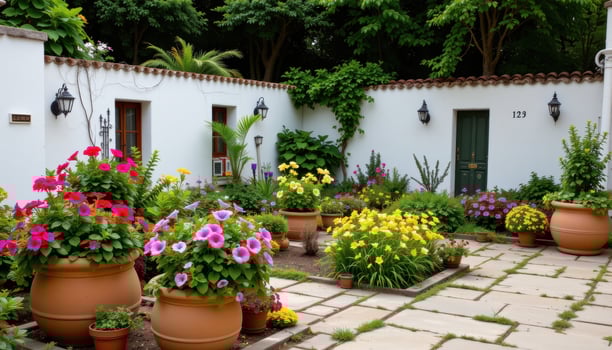a courtyard garden with large ceramic planters filled with geraniums, salvias, and ornamental cabbages, surrounded by whitewashed walls, entirely absent of people or animals. photo