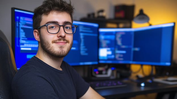 Young man work on computer code at desk in office environment photo