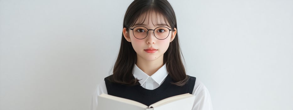 Young person hold book reading against white wall wearing glasses and black vest photo