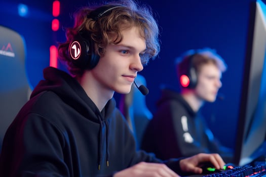 Young men engaging in online gaming and interactive entertainment using headphones and keyboards photo