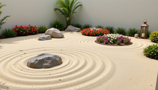 a zen inspired garden with sand patterns, minimalist flower clusters, and decorative lanterns. photo