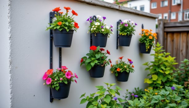a small urban garden with vertical planters of blooms. photo