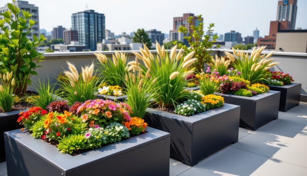 a modern rooftop garden with raised planters of ornamental grasses and flowering sedums, without any people or animals. photo