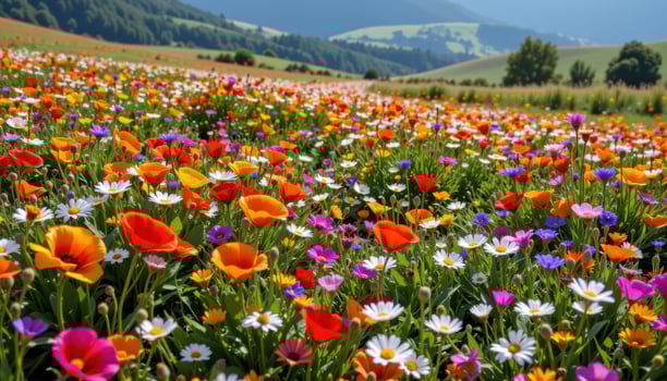 a colorful flower meadow overflowing with poppies, daisies, and cornflowers, with gentle hills in the background and sunlight streaming through, with no people or animals visible anywhere. photo