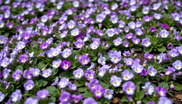 soft violet pansies cover the ground densely, creating a beautiful floral carpet across the garden floor. photo