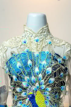 Close-up of an elegant blue gown with intricate peacock embroidery and lace collar, showcasing luxurious texture and craftsmanship for weddings, parties, and high-fashion events. photo