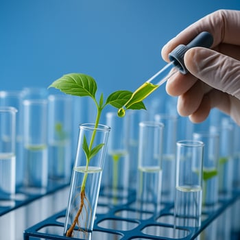 researcher dropping yellow solution onto green leaf in transparent test tube showing concept of plant biotechnology genetic modification precision science and sustainable innovation photo