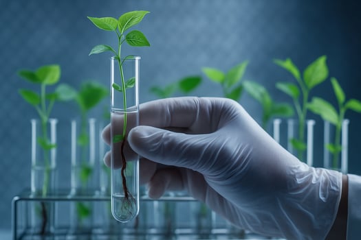 a gloved hand holds a test tube with a young green plant inside representing the balance between natural growth and scientific precision in a modern laboratory environment photo