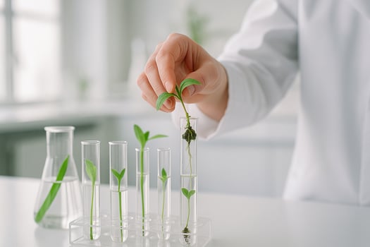 researcher handling seedling in test tube in sterile lab environment showing concept of plant biotechnology sustainability and scientific innovation for future agriculture photo