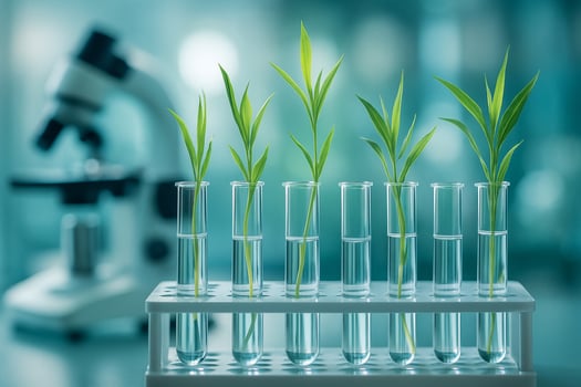young green seedlings growing in glass test tubes arranged in a lab setting with cool lighting conveying modern science and life under precise control photo
