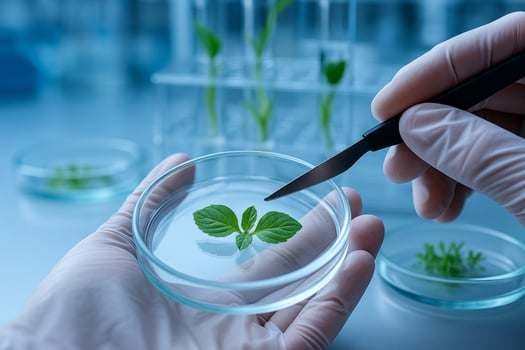closeup of gloved hands slicing green plant leaf with scalpel inside petri dish in sterile laboratory environment focused on biotechnology and plant science photo