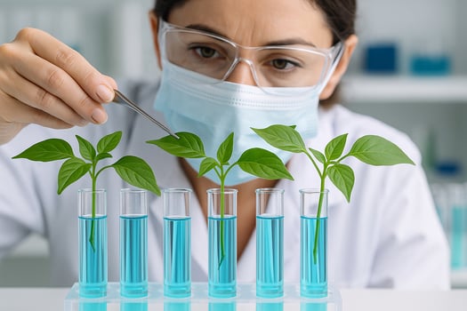 close up of female scientist adjusting fresh green seedlings in test tubes with blue solution symbolizing scientific care precision and hope in biotechnology photo