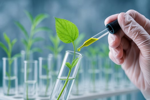 close up of a gloved hand dropping liquid onto a green leaf in a test tube surrounded by young plants inside a modern biology laboratory with clean atmosphere photo