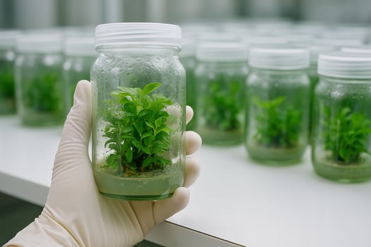 close up image of gloved hand holding a glass jar containing healthy green seedlings with visible moisture inside in a clean lab with blurred background of other tissue culture jars photo