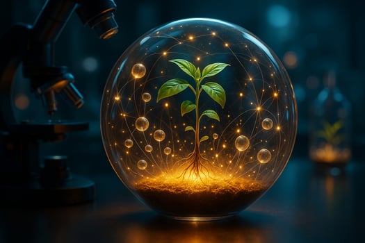 concept of young plant growing inside luminous glass sphere surrounded by energy lines and floating lights in futuristic laboratory environment with symbolic bio connection photo