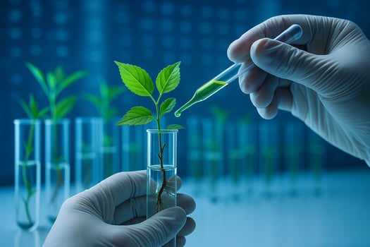 closeup of gloved hands using pipette to drop yellow liquid onto green plant in test tube symbolizing biotechnology precision and sustainable scientific research photo