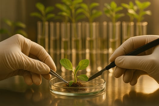 hands with gloves dissecting green plant in petri dish in tissue culture lab showing precision care controlled environment and agricultural biotechnology development photo