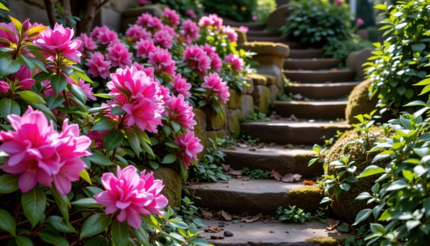 garden sparkles with bright pink rhododendrons blooming alongside mossy stone steps in quiet spots. photo
