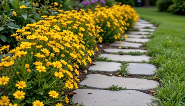 yellow coreopsis flowers grow thickly along edges of quiet garden stone pathways lined carefully. photo