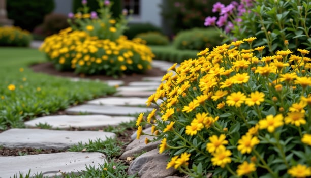 yellow coreopsis flowers grow thickly along edges of quiet garden stone pathways lined with careful hands. photo