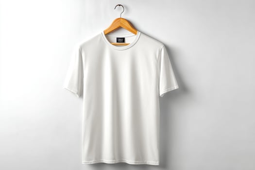 White t - shirt hanging on a wooden hanger photo