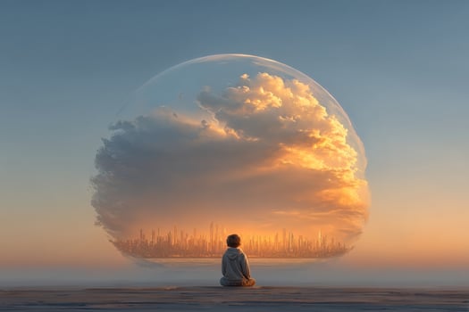 A person sitting in the middle of a field with a giant ball in the background photo