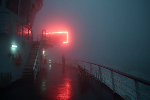 A man stands on the deck of a ship in the fog photo