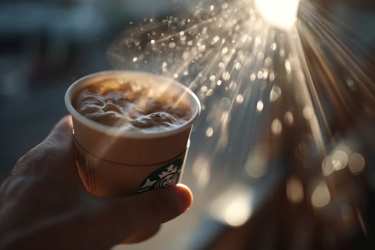 A person holding a starbucks cup with a light shining on it photo