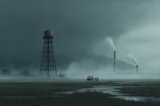A man walks through a field with smoke stacks photo