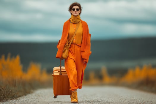 A woman in an orange outfit is walking down a road with a suitcase photo